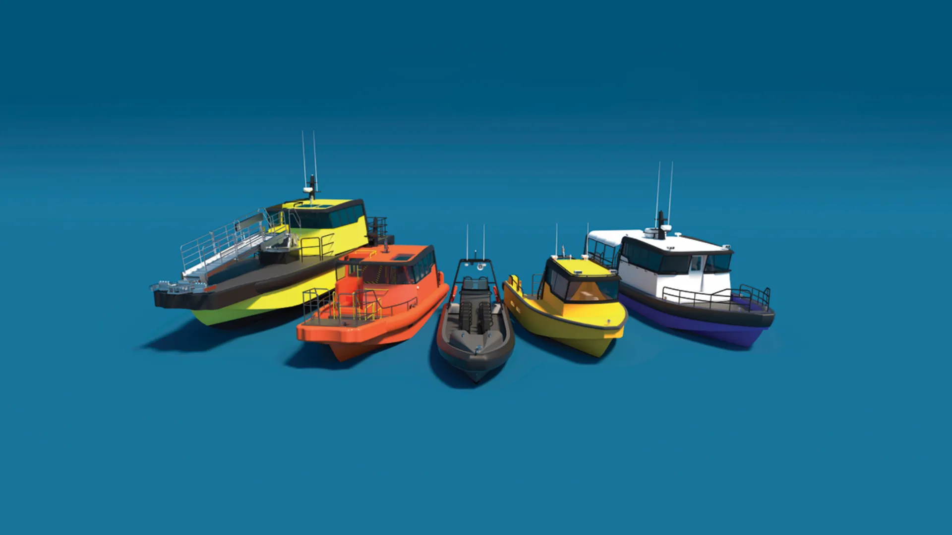 3D-visualisering af fem arbejdsbaade i forskellige farvevarianter